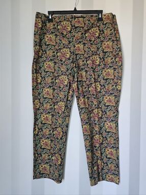 Talbots Flat Front Pant With Fleur De Lis Floral Print On Dark Blue Background